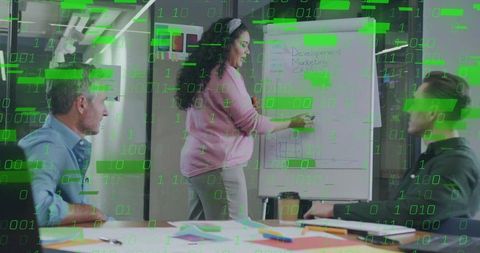 Businesswoman presenting growth strategy with high-tech overlay