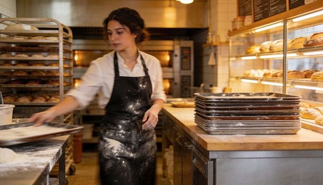 Female baker preparing dough in artisan bakery wearing flour-dusted apron with stacked trays