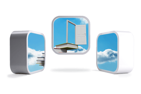 Open door on transparent abstract cubes with sky background