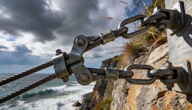 Coastal cliff cable anchor securing rocky shoreline with weathered steel wire ropes and shackles