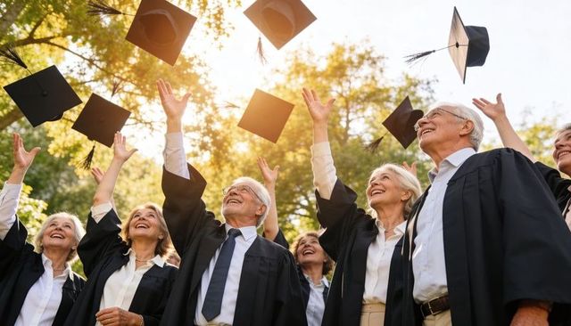 Senior graduates celebrating outdoors tossing mortarboards under golden sunlit trees