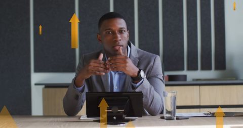 Confident businessman having remote meeting with arrows illustration