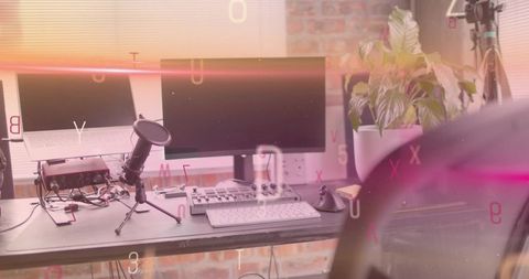 Modern creator desk setup with dual monitors, usb mic and audio interface for streaming