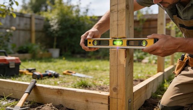 Contractor aligning wooden post with laser level for backyard fence and deck framing