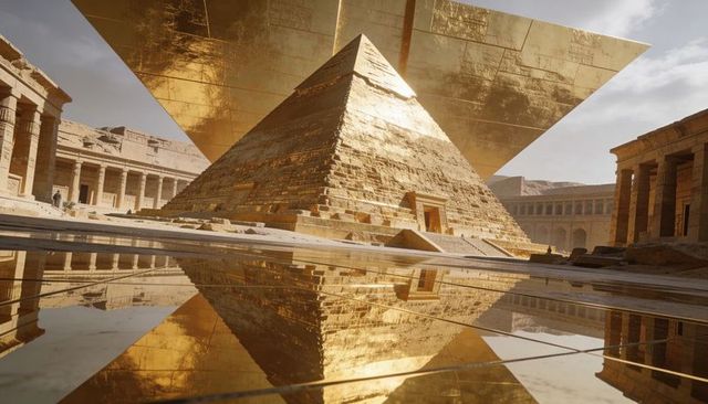 Central golden stepped pyramid with reflective pool, colonnades and futuristic canopy