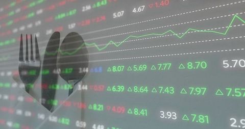 Cutlery overlay with stock ticker and green growth line graph representing food finance