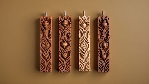 Ornate carved sandalwood incense holders on tan background