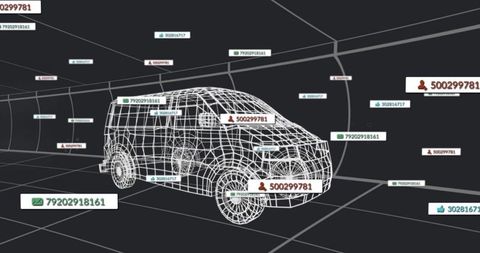Spinning 3D Wireframe SUV with Data Points in Virtual Tunnel