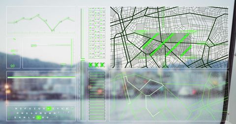 Abstract data visualization over modern cityscape