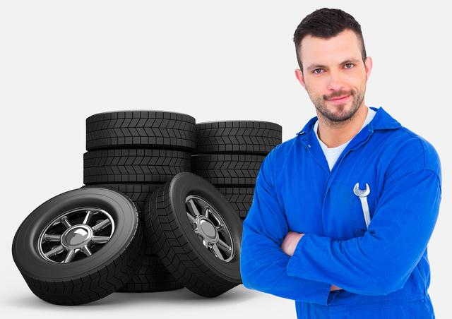 Young male mechanic is confidently posing with arms crossed in front of a stack of tires, wearing blue uniform with a wrench in his pocket. This can be used in advertisements for car repair shops, mechanic services, automotive workshops, and auto care promotions. Facial expression suggests professionalism and reliability, making it ideal for service-related promotional materials.