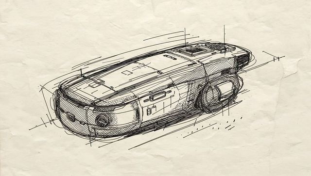 Ink sketch concept of futuristic autonomous rover vacuum with sensor wheel on cream paper