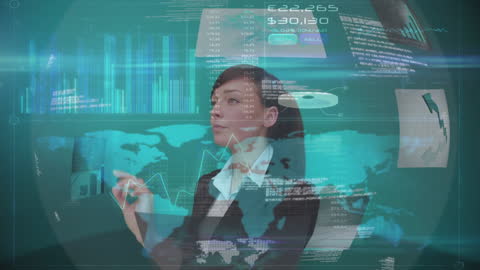Businesswoman Analyzing Data on Futuristic Screen