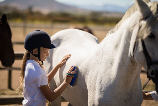 Young girl grooming a white horse at a ranch on a sunny day. She is wearing a helmet and appears focused on the task. Ideal for use in content related to equestrian activities, animal care, children's outdoor activities, and rural lifestyle.