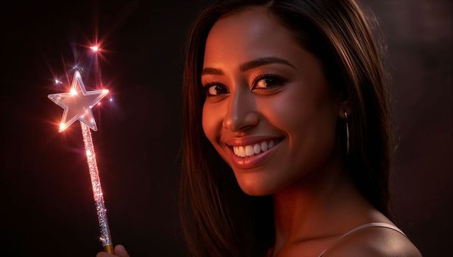 Smiling woman holding glowing star wand portrait with warm studio glow and sparkle
