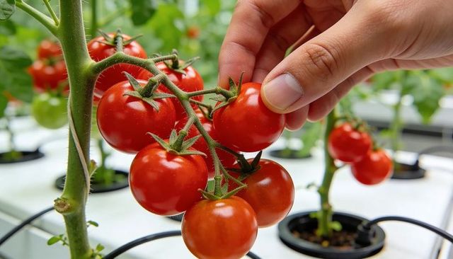 Hand harvesting ripe cherry tomatoes from hydroponic vine in modern greenhouse