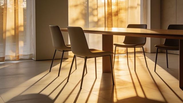 Sunlit minimalist dining room with wooden table and molded chairs casting long shadows