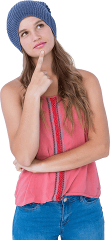 Thoughtful woman wearing beanie posing on transparent background
