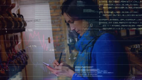 Tech Savvy Woman Analyzing Data in Guitar Store