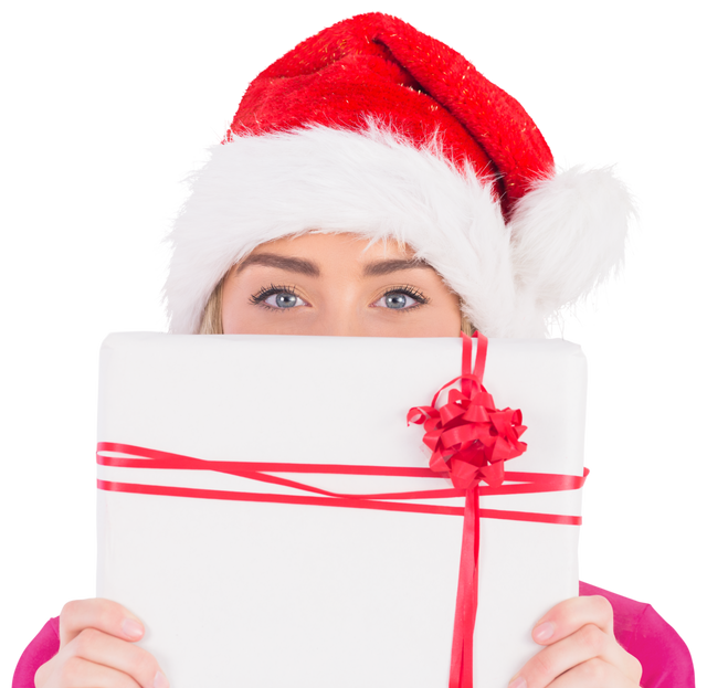 Festive Woman in Santa Hat Holding Wrapped Christmas Gift Box Transparent - Download Free Stock Videos Pikwizard.com