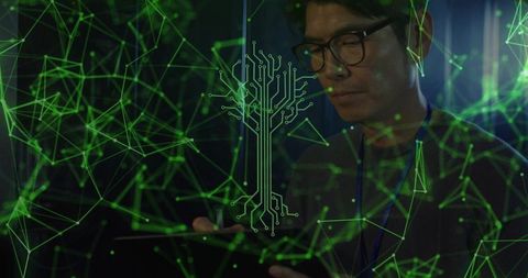 Korean Engineer Analyzing Data in Dim Server Room with Digital Overlay