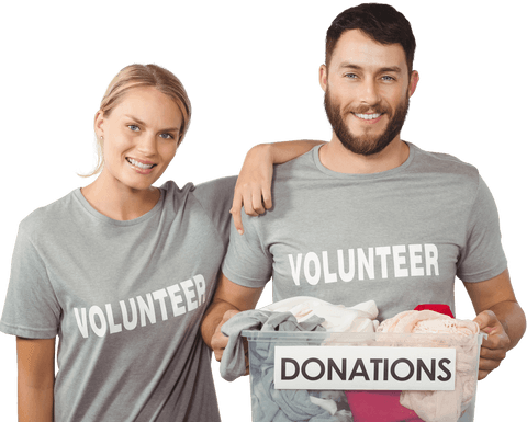 Cheerful volunteers collecting clothes with transparent background