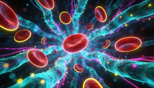 Floating neon red blood cells flowing through glowing teal microvessels with particles