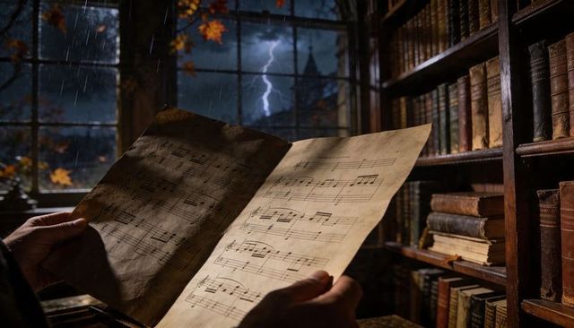 Holding aged sheet music in candlelit library during thunderstorm — hands turning manuscript