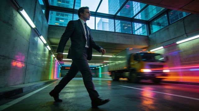 Businessman striding through neon-lit urban underpass with motion-blurred truck, wet pavement