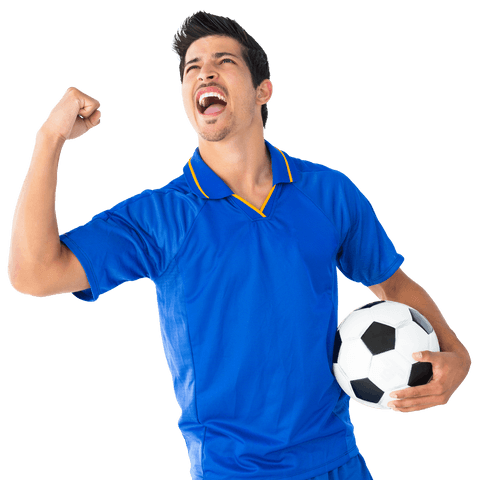 Victorious Football Player in Blue Jersey with Ball on Transparent Background