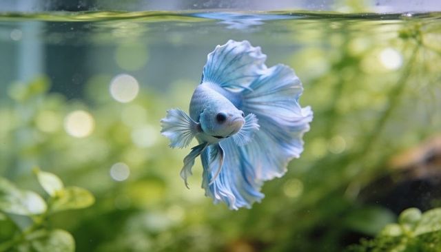 Gliding pale blue betta fish fanning flowing fins in planted freshwater aquarium