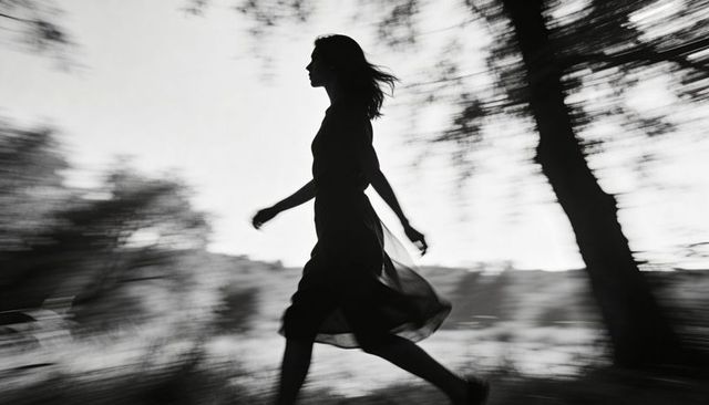Silhouetted woman walking through park, striding motion blur black and white mood