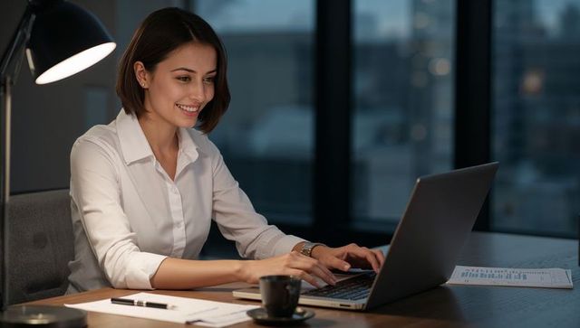 Smiling Businesswoman Working Late in Office