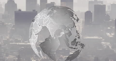 Spinning Globe Overlaying Cityscape Signifying Global Connectivity