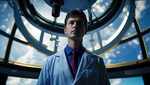 Astrophysicist in dome observing solar telescope under clear sky