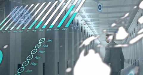 Businessman analyzing financial data in futuristic server room