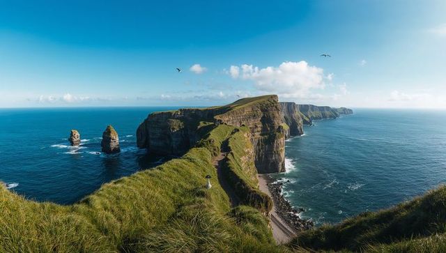 Dramatic coastal cliffs with grassy ridge path, sea stacks and seabirds over blue sky