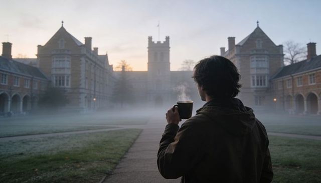 Dawn mist on historic university quad with lone student standing holding steaming mug