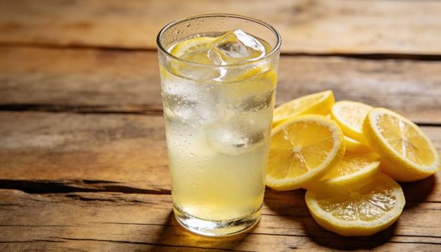 Sunlit lemon water with ice and lemon slices on rustic wood table for refreshing beverage