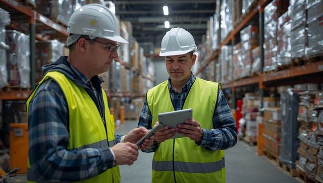 Warehouse team checking inventory with tablet and smartphone in busy industrial aisle