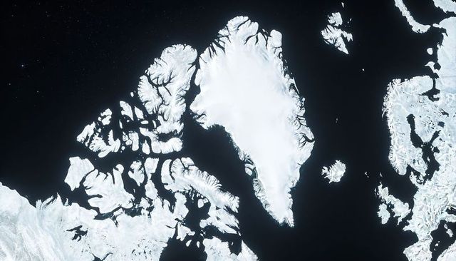 Greenland and arctic archipelago showing vast ice sheet, fjords and crisp frozen coasts