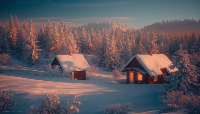 Scenic Winter Cabins Embrace Tranquil Snowy Forest
