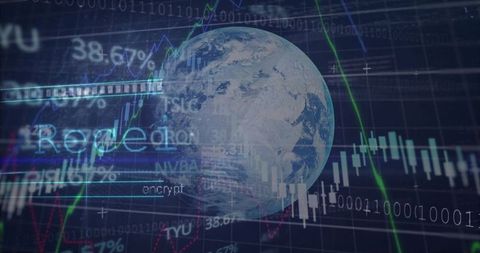 Holographic Earth with Financial Charts and Candlestick Graphs Visualizing Global Market Analytics