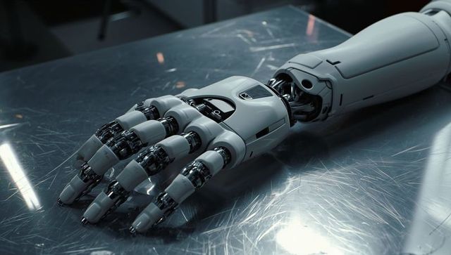 Resting robotic forearm and hand on scratched steel bench showing joints and actuators