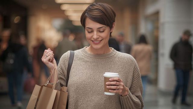 Smiling woman shopping with coffee and paper bags while strolling busy urban mall in cozy sweater