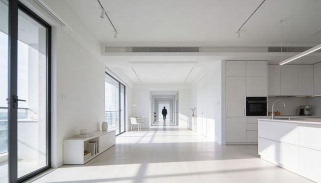 Minimalist bright modern condo interior with long corridor and lone figure walking