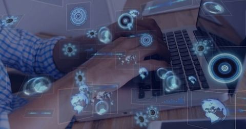 Hands typing laptop with futuristic holographic projections