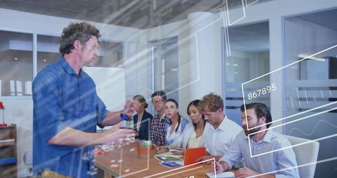 Innovative Team Meeting with Digital Overlay in Modern Office