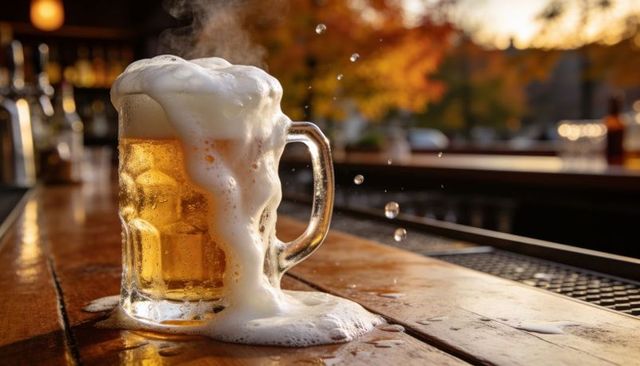 Overflowing beer mug spilling foam on wooden bar counter at golden hour pub ambience