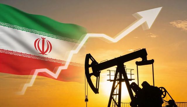 Iran oil sector rising with pumpjack silhouette, national flag and upward arrow at sunset