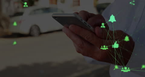 Businessman with Smartphone Amid Digital Interface Elements